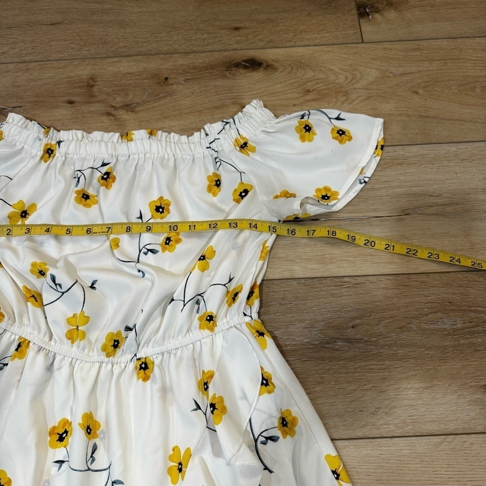Blush white yellow & blue floral off the shoulder mini dress, faux wrap, M. - Picture 5 of 11